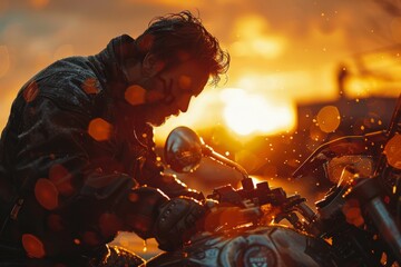 Silhouetted motorcyclist at sunset with raindrops and dramatic orange sky creating a moody atmosphere while adjusting handlebars and mirror on a classic vintage bike