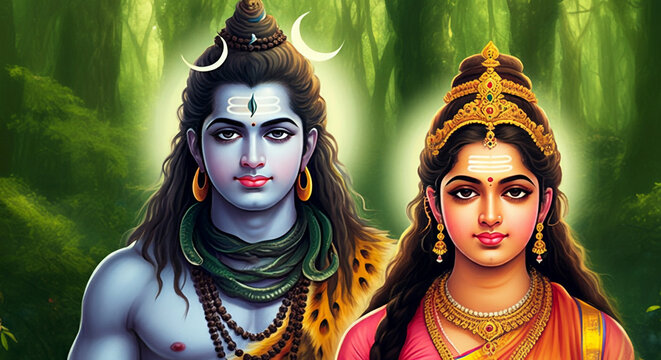 Lord Shiva and Goddess Parvati depicted with a serene green backdrop, symbolizing divine peace, cosmic power, and eternal unity