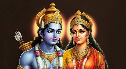 Obraz premium A beautiful portrayal of Lord Rama and Goddess Sita adorned in golden attire, symbolizing devotion and sacred connection