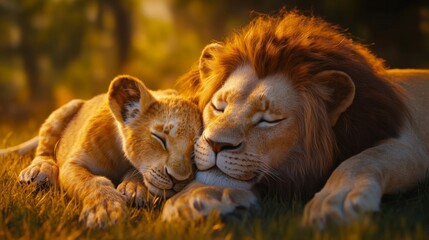 Naklejka premium Lion and Cub Resting Peacefully Together In Golden Light