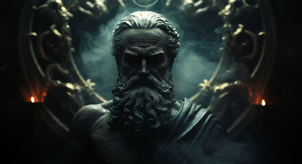 A dark and imposing bearded warrior figure shrouded in shadows, symbolizing mystery and power