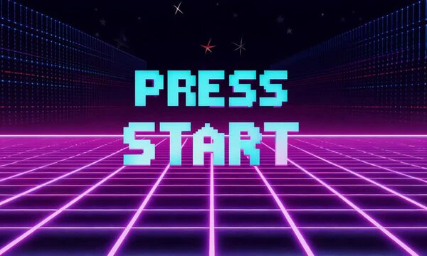 Neon "Press Start" text in retro pixel font over a vibrant grid background, evoking a classic 80s arcade style.