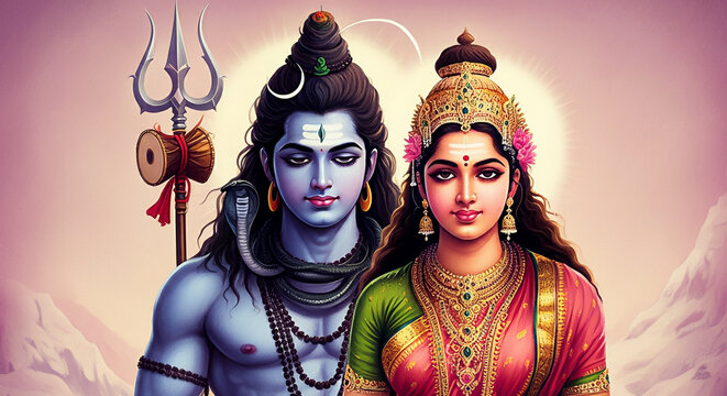 A vibrant illustration of Lord Shiva and Goddess Parvati, representing strength and harmony in vivid colors