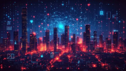 Futuristic cityscape at night with digital network connections.