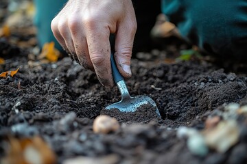Man digging in the garden with a spade, a natural and hardworking outdoor scene.