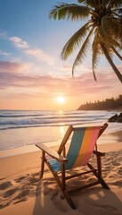 Obraz premium Tropical Beach Sunset with Beach Chair. Generative AI