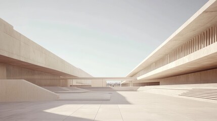 A minimalist architectural space featuring smooth surfaces and expansive layouts.