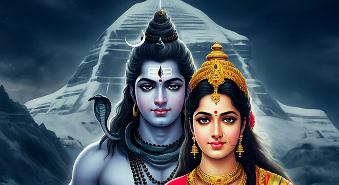 Lord Shiva and Goddess Parvati standing together, representing harmony, strength, and divine companionship against the Himalayas