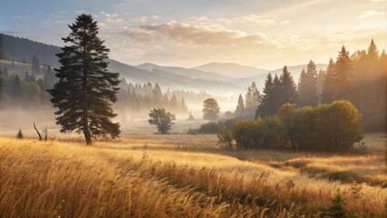Fototapeta premium Misty Meadow With Golden Grass at Sunrise for Nature and Travel Promotions 