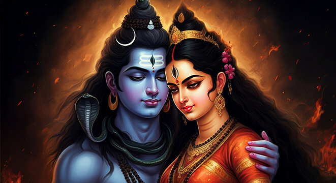 A depiction of Lord Shiva with his consort Parvati, both radiating divine love and togetherness in a spiritual and serene setting