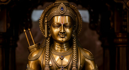 Fototapeta premium A golden statue of Lord Vishnu radiating divine elegance, featuring intricate details and a calm expression that reflects eternal peace