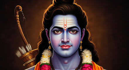 A powerful depiction of Lord Rama with a bow and arrows, exuding strength and readiness, symbolizing dharma and righteousness