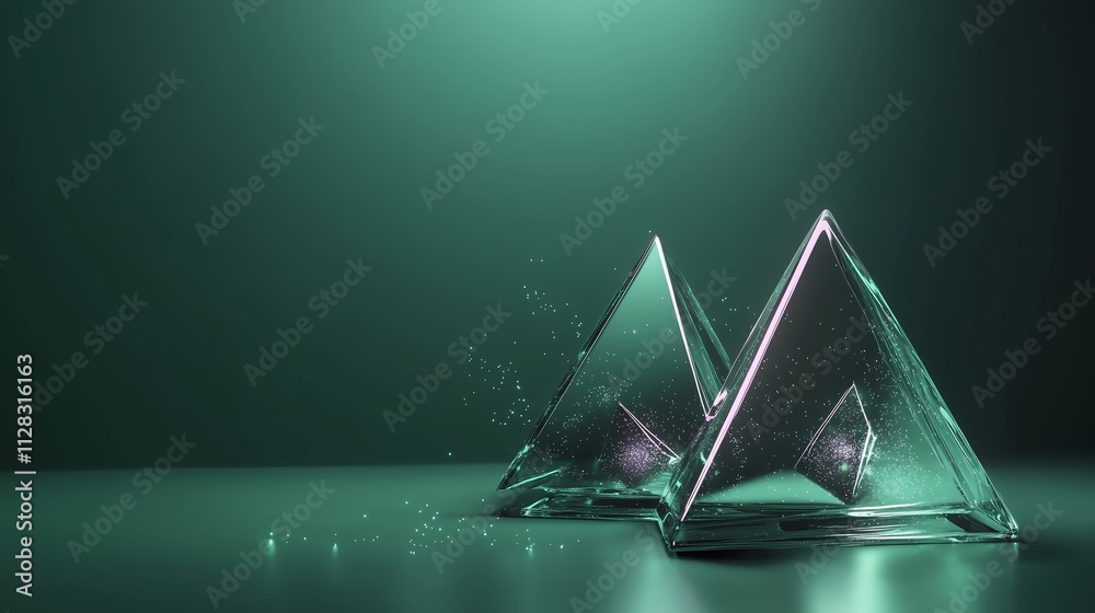 Poster glass pyramids reflect light in a dimly lit space, creating an intriguing display of shapes and text