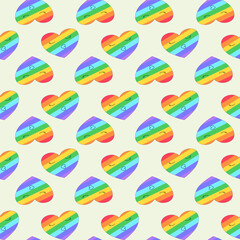 A seamless pattern of rainbow hearts on a pastel background, featuring playful details and a cheerful design, perfect for creative and vibrant projects.