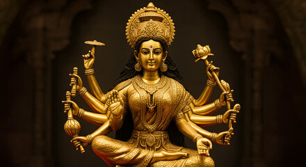 A golden statue of Goddess Durga in a serene posture with multiple arms, showcasing intricate carvings and divine elegance against a warm, golden-lit background