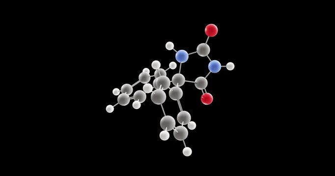 Phenytoin molecule, rotating 3D model of anti-seizure medication, looped video on a black background
