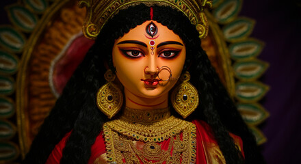 A detailed idol depiction of Goddess Durga with intricate jewelry, a calm expression, and traditional adornments in a ceremonial setting