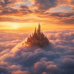 fantasy castle in the clouds during sunset
