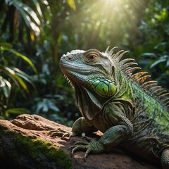 Fototapeta premium An iguana basking on a sunlit rock in a vibrant rainforest.