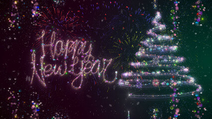 Happy New Year fireworks shining sparkling card. Christmas balls and snowflakes. Make your Christmas Card and New Year Eve perfect adding Merry Christmas and Happy New Year template.