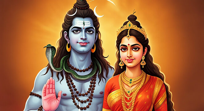 A serene depiction of Lord Shiva and Goddess Parvati standing together. Shiva, with a crescent moon on his head, has a calm expression, while Parvati is dressed in orange traditional attire