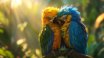 Obraz premium Two Macaws Nuzzle Each Other In Golden Sunlight