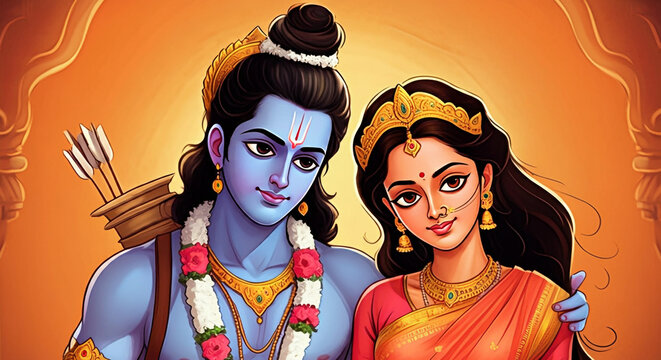 A serene depiction of Lord Rama with Sita Devi, standing together with calm expressions. Lord Rama, with a blue complexion, is adorned in royal attire, while Sita Devi is seen in traditional clothing 