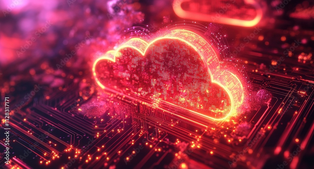 Poster futuristic cloud computing concept with abstract digital circuitry background, highlighting data exc