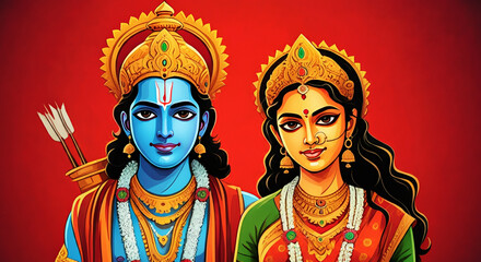 Obraz premium Lord Rama and Goddess Sita depicted together in vibrant colors, symbolizing their divine love and unwavering devotion.