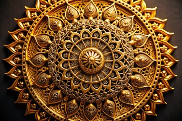 Opulent gold mandala macro: dark background highlights intricate, detailed design.