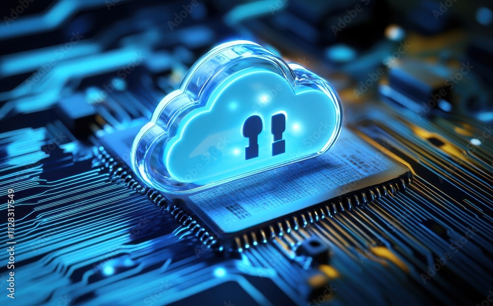 Poster futuristic cloud computing concept with digital lock symbols over a circuit board representing data 
