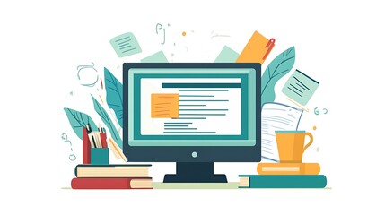 A person browsing through an online learning platform on a desktop computer, with educational materials and books on the desk, in a quiet study area 