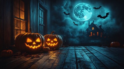 Halloweenthemed spooky night carved pumpkins the porch bats flying under a full moon and a haunted house in the distance