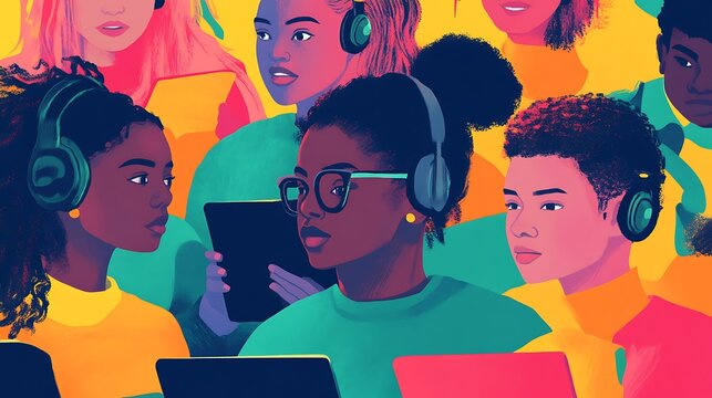 A diverse group of students attending an online webinar from different locations, interacting with the speaker and taking notes on laptops or tablets 