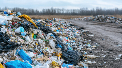 Expansive View of a Landfill with Trash Spreading to the Horizon in Overcast Weather