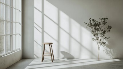 A minimalist interior featuring a stool and a plant, illuminated by natural light.