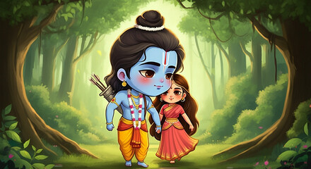 Cute and vibrant cartoon depiction of Lord Ram and Goddess Sita walking together, symbolizing divine companionship and marital bliss