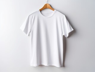 White T Shirt Hanging On Wooden Hanger Against White Background