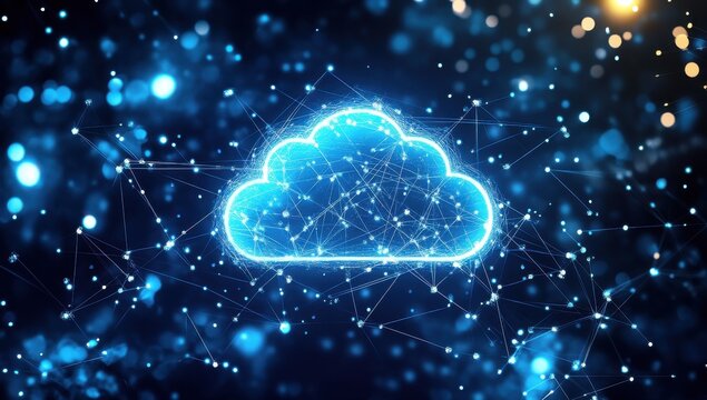 Futuristic Cloud Technology Representation with Glowing Connections and Dots in a Digital Environment, Abstract Data Visualization Concept of Cloud Computing