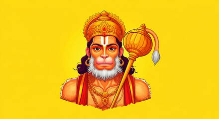 Animated and stylized depiction of Lord Hanuman holding a mace, set against a bright yellow background, symbolizing his divine power and loyalty