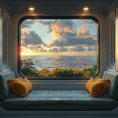 Cozy Contemporary Train Interior with Panoramic Sunset Ocean View Through Large Window and Lush Coastal Landscapetrain interior