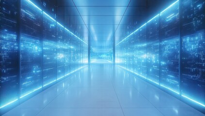 Futuristic Data Center Corridor with Neon Lighting and Digital Displays Reflecting Modern Technology and Information Flow in a Sleek, High-Tech Environment