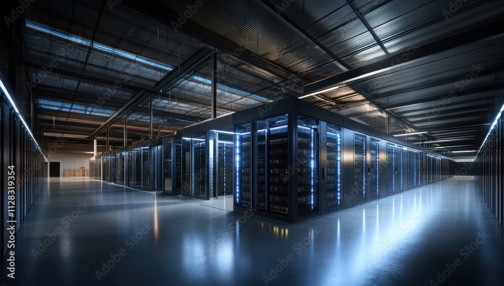 Aufkleber futuristic data center environment with rows of server racks, glowing lights, and high-tech industri