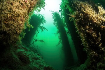 Obraz premium Underwater scene with tall seaweed and submerged structures.