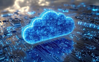 Futuristic Digital Cloud Computing Concept Overlaid on Circuit Board Illustration, Symbolizing Data Storage and Technology Innovation in Modern Computing Environments