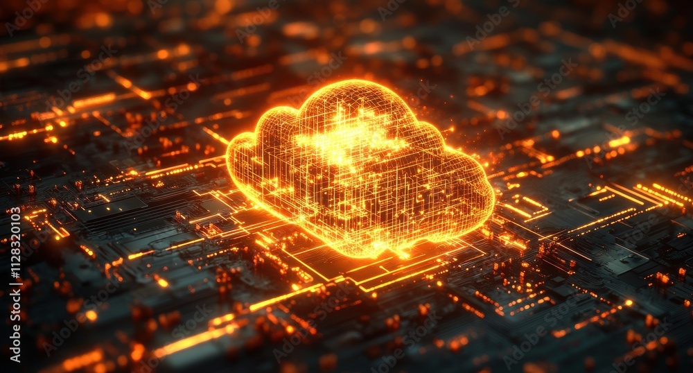 Poster futuristic digital cloud computing concept with glowing circuitry representing data transfer and tec
