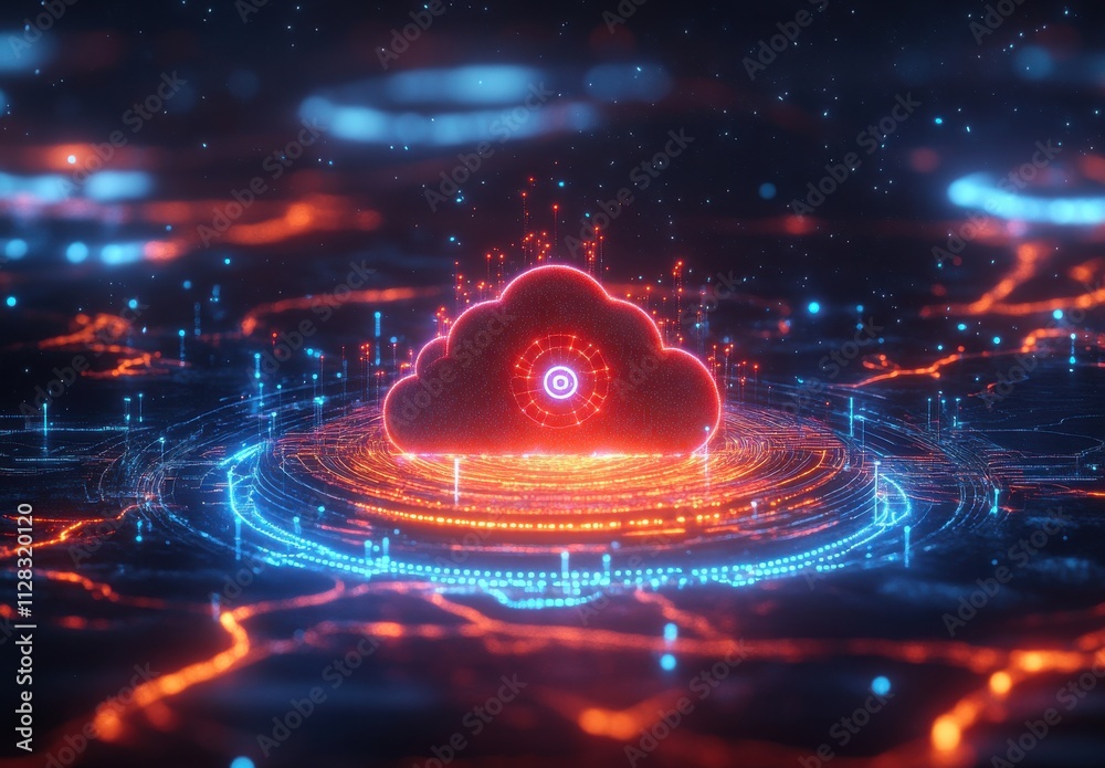 Poster futuristic digital cloud computing concept with vibrant circuits and data connections in a dynamic, 