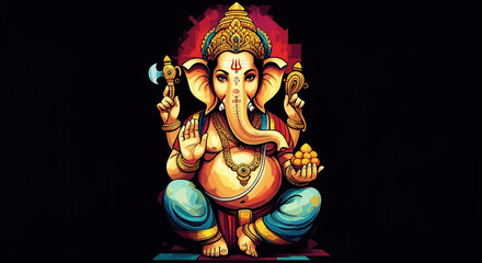 Majestic artwork of Lord Ganesha seated in a meditative pose, holding sacred objects, adorned in gold ornaments, symbolizing wisdom and prosperity