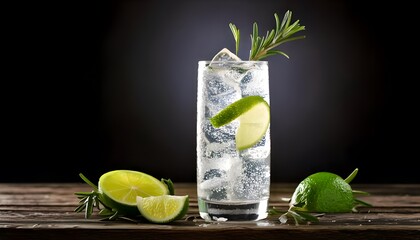 A classic gin and tonic with lime wedges and ice cubes, served in a tall glass with a sprig of rosemary for garnish