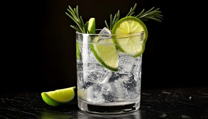 A classic gin and tonic with lime wedges and ice cubes, served in a tall glass with a sprig of rosemary for garnish